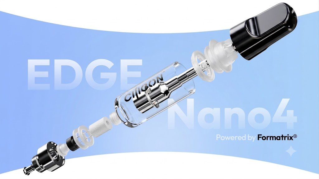 Ciliconplus EDGE Nano4 510 refill pod, powered by Formatrix - exploded view showing glass tank, ceramic core and mouthpiece